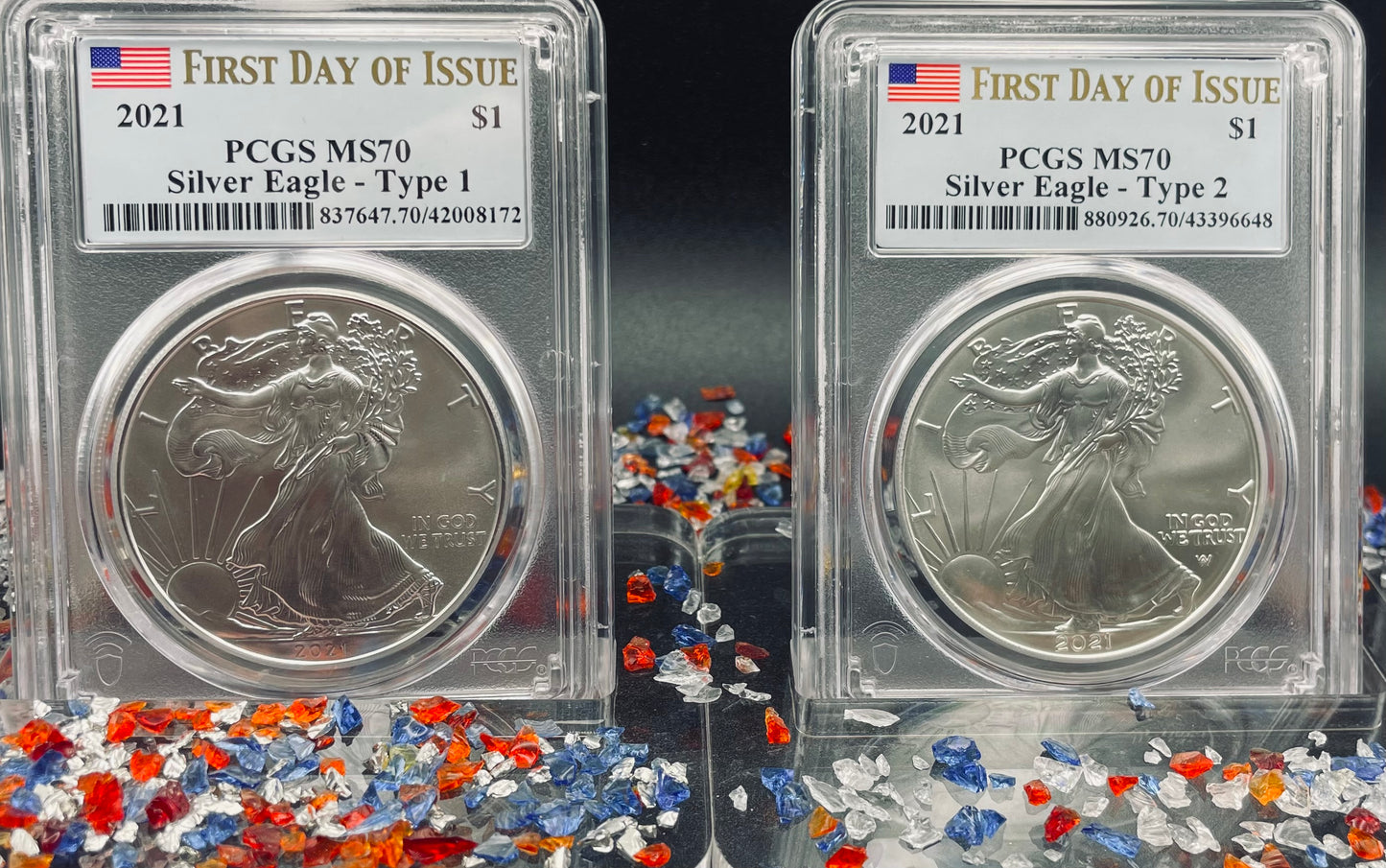 2021 $1 American Silver Eagle (2 Coin Set) PCGS MS70 First Day of Issue Type 1 & Type 2
