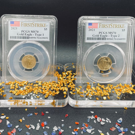 2021 $5 American Gold Eagle (2 Coin Set) PCGS MS70 First Strike Flag Type 1 and Type 2