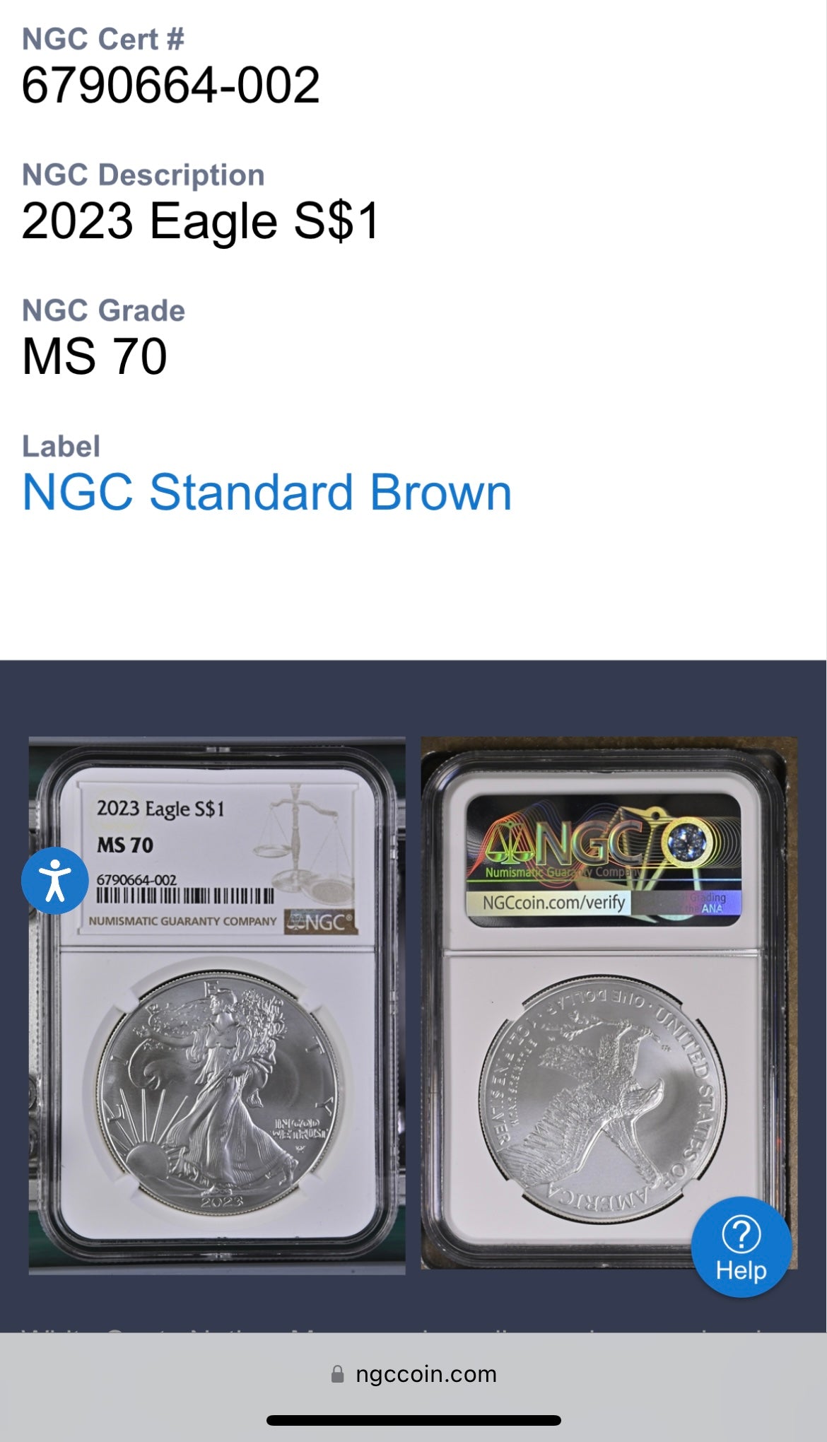 2023 $1 American Silver Eagle NGC MS70 Business Strike Brown Label