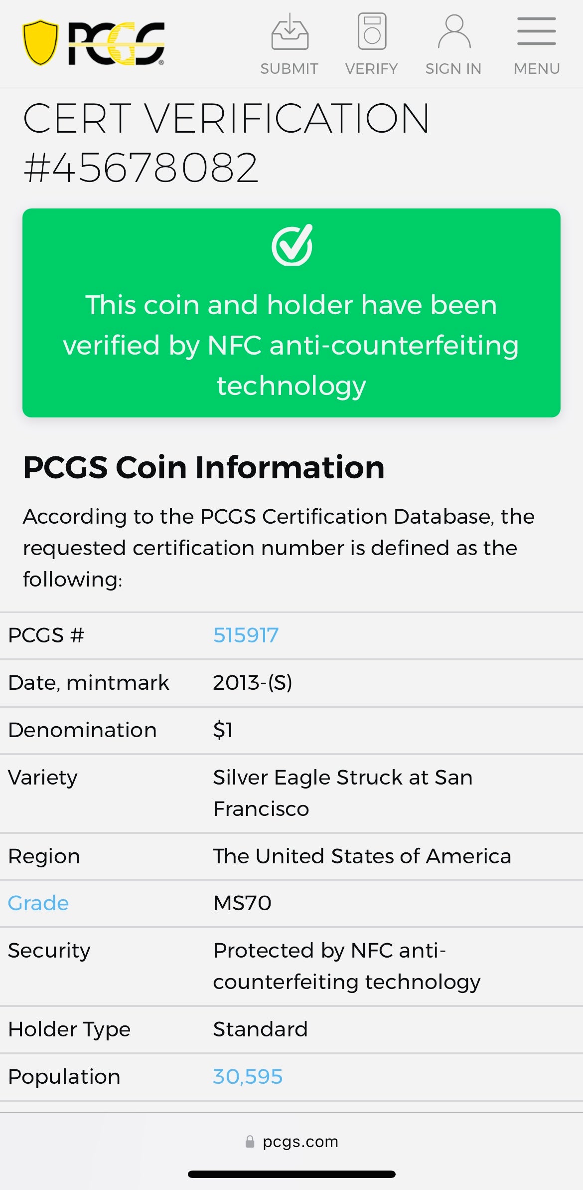 2013 (S) $1 American Silver Eagle PCGS MS70 Business Strike Blue Label (1 of 30,595)