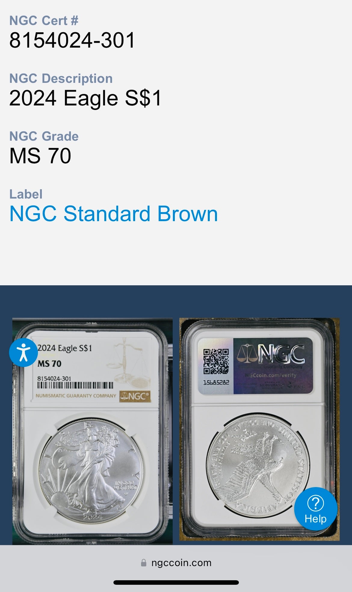 2024 $1 American Silver Eagle NGC MS70 Business Strike Brown Label