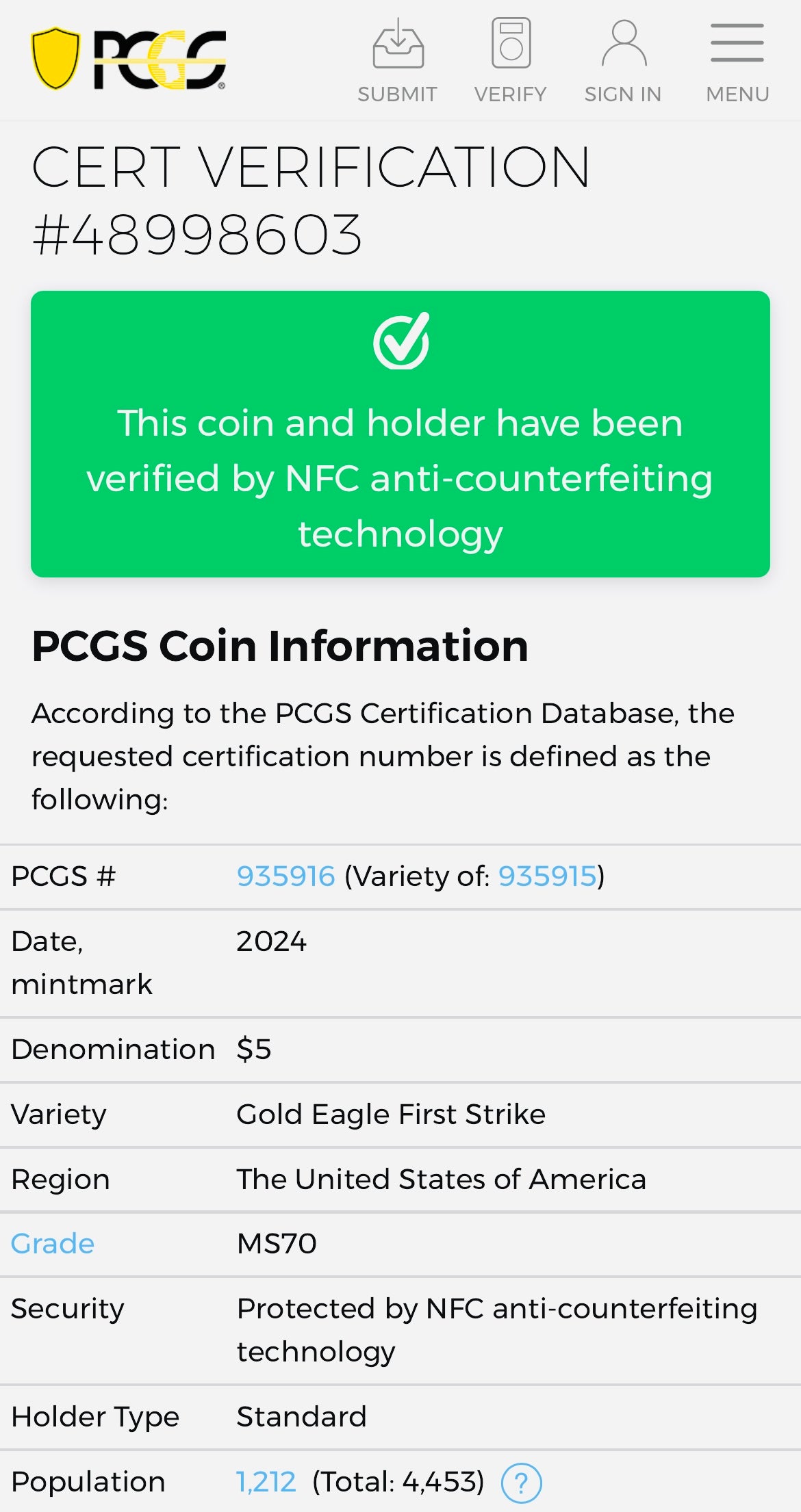 2024 $5 American Gold Eagle PCGS MS70 First Strike Flag Label (Rare 1 of 1,232)