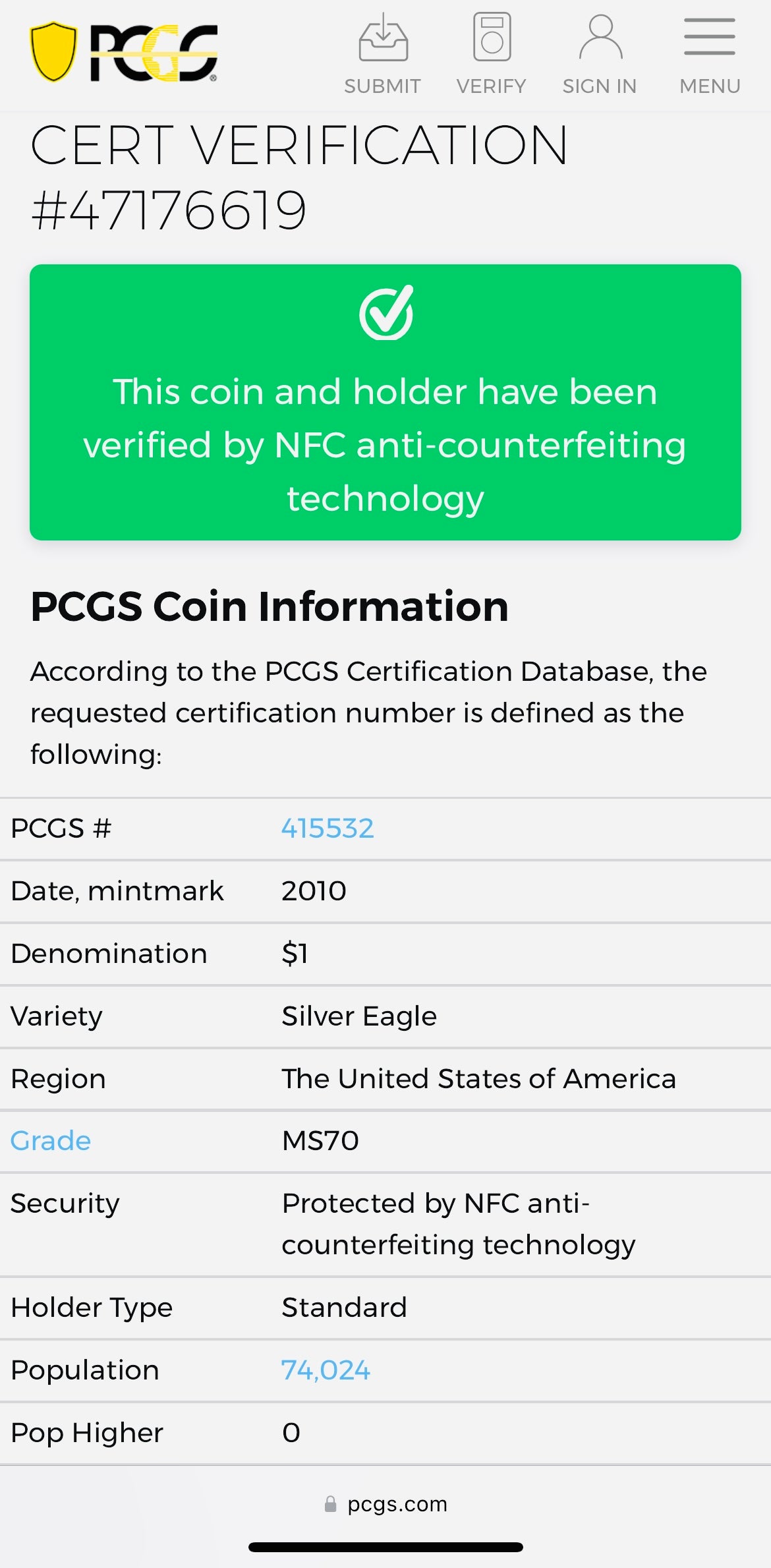 2010 Philadelphia $1 American Silver Eagle PCGS MS70 Business Strike Blue Label