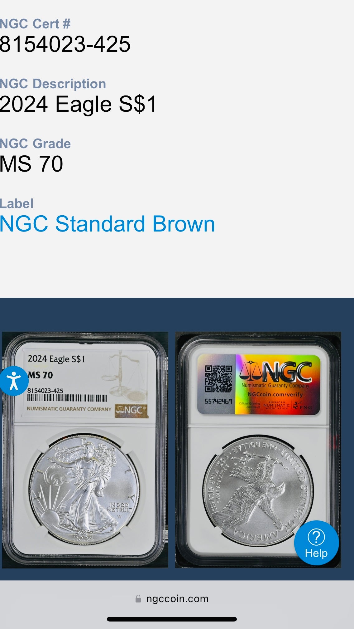 2024 $1 American Silver Eagle NGC MS70 Business Strike Brown Label