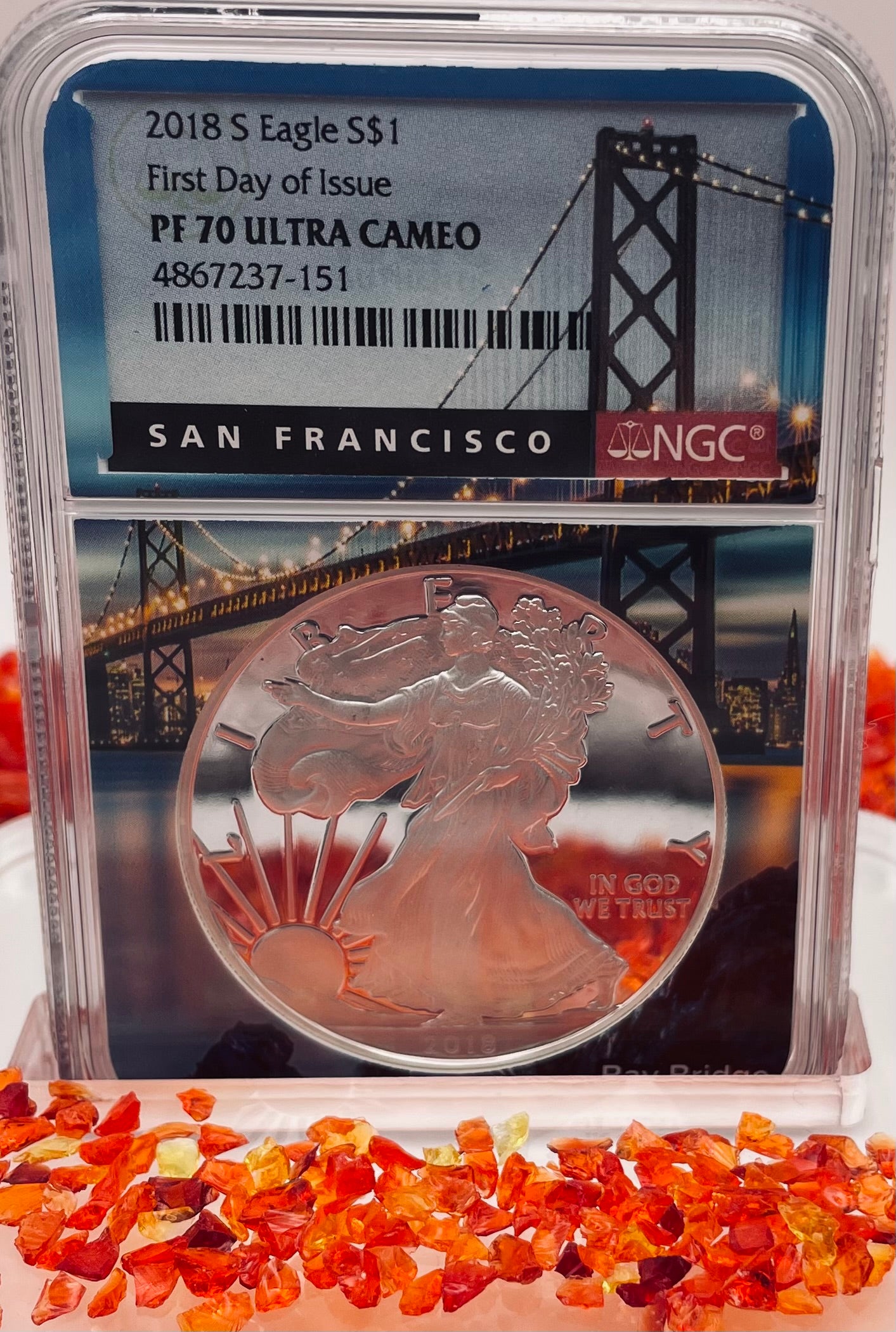 Proof 2018 (S) $1 American Silver Eagle NGC PF70 Golden Gate Bridge Holder (1 of 6,595)