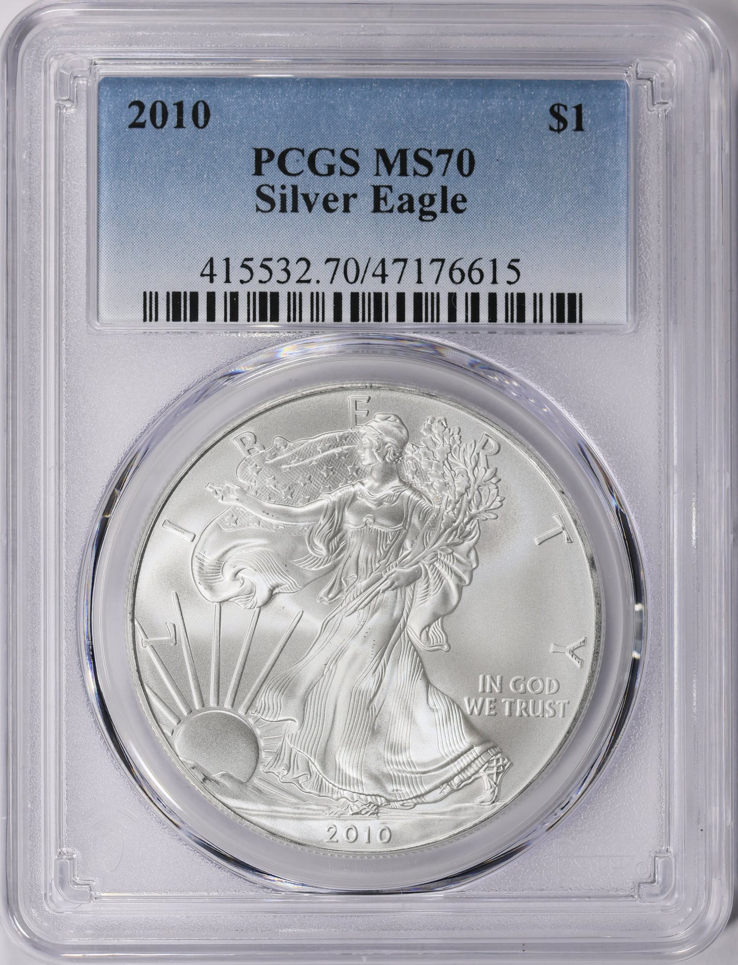 2010 Philadelphia $1 American Silver Eagle PCGS MS70 Business Strike Blue Label