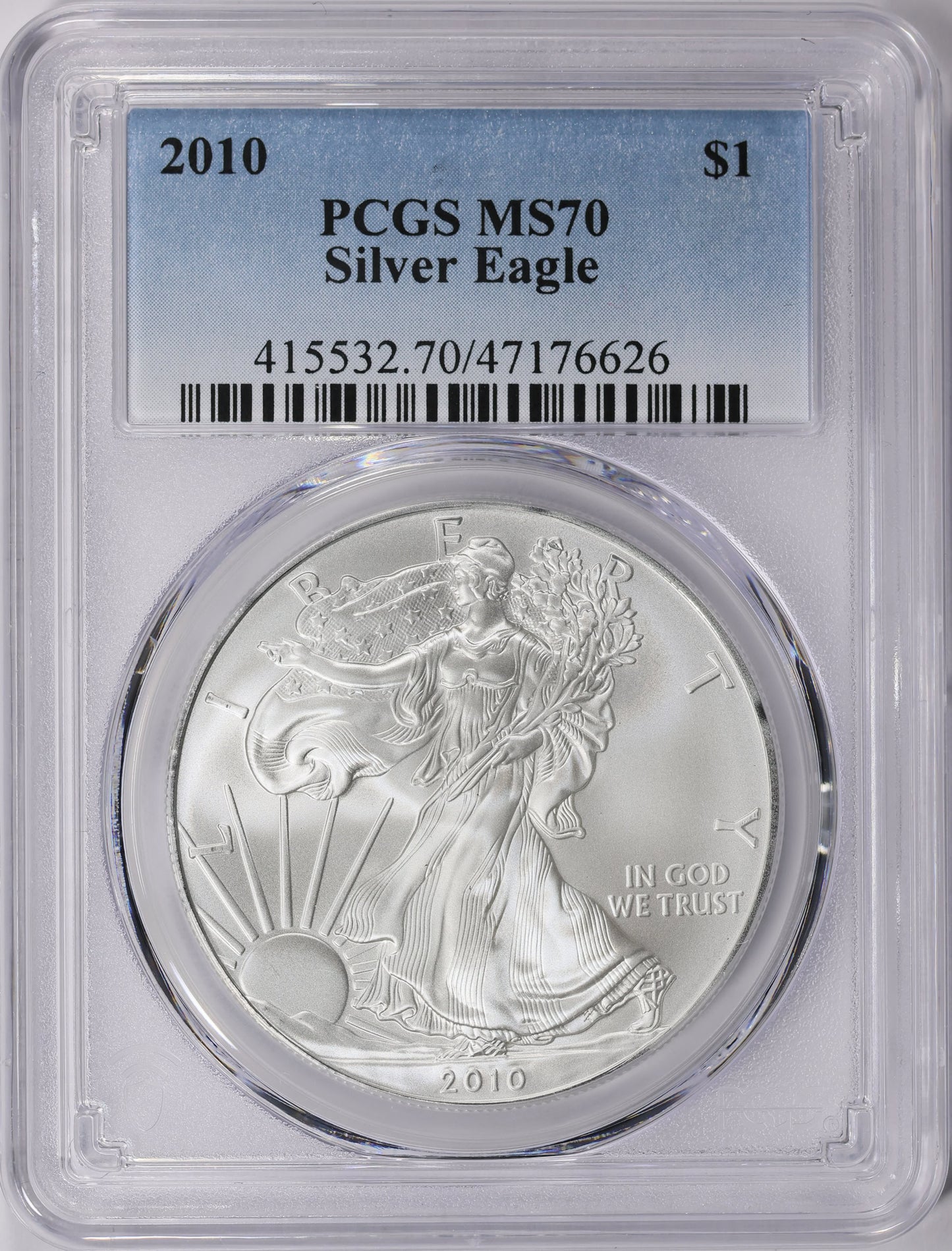 2010 Philadelphia $1 American Silver Eagle PCGS MS70 Business Strike Blue Label
