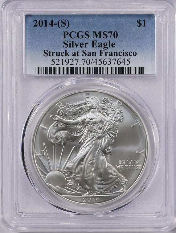 2014 (S) $1 American Silver Eagle PCGS MS70 Business Strike Blue Label Mint Condition (1 of 18,995)