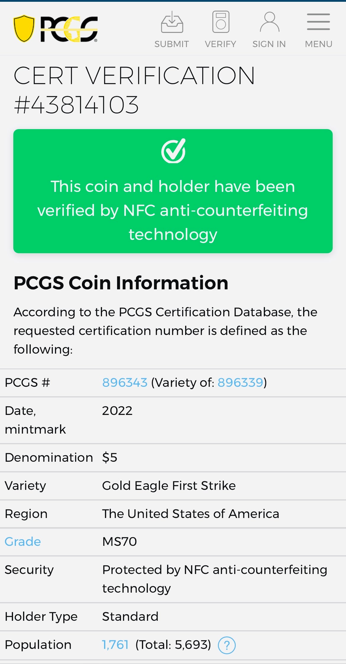 2022 $5 American Gold Eagle PCGS MS70 First Strike Flag Label (Rare 1 of 1,761)