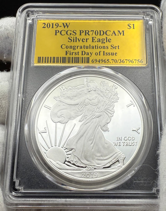 Proof 2019 (W) $1 American Silver Eagle PCGS PR70DCAM FDOI Congratulations Set Gold Foil Label (1 of 1,082)