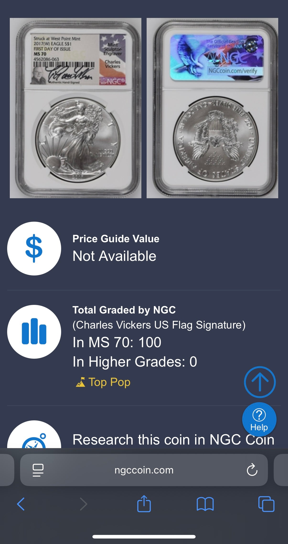 2017 $1 American Silver Eagle NGC MS70 FDOI Charles Vickers Signed Flag Label Mint Condition (1 of 100)