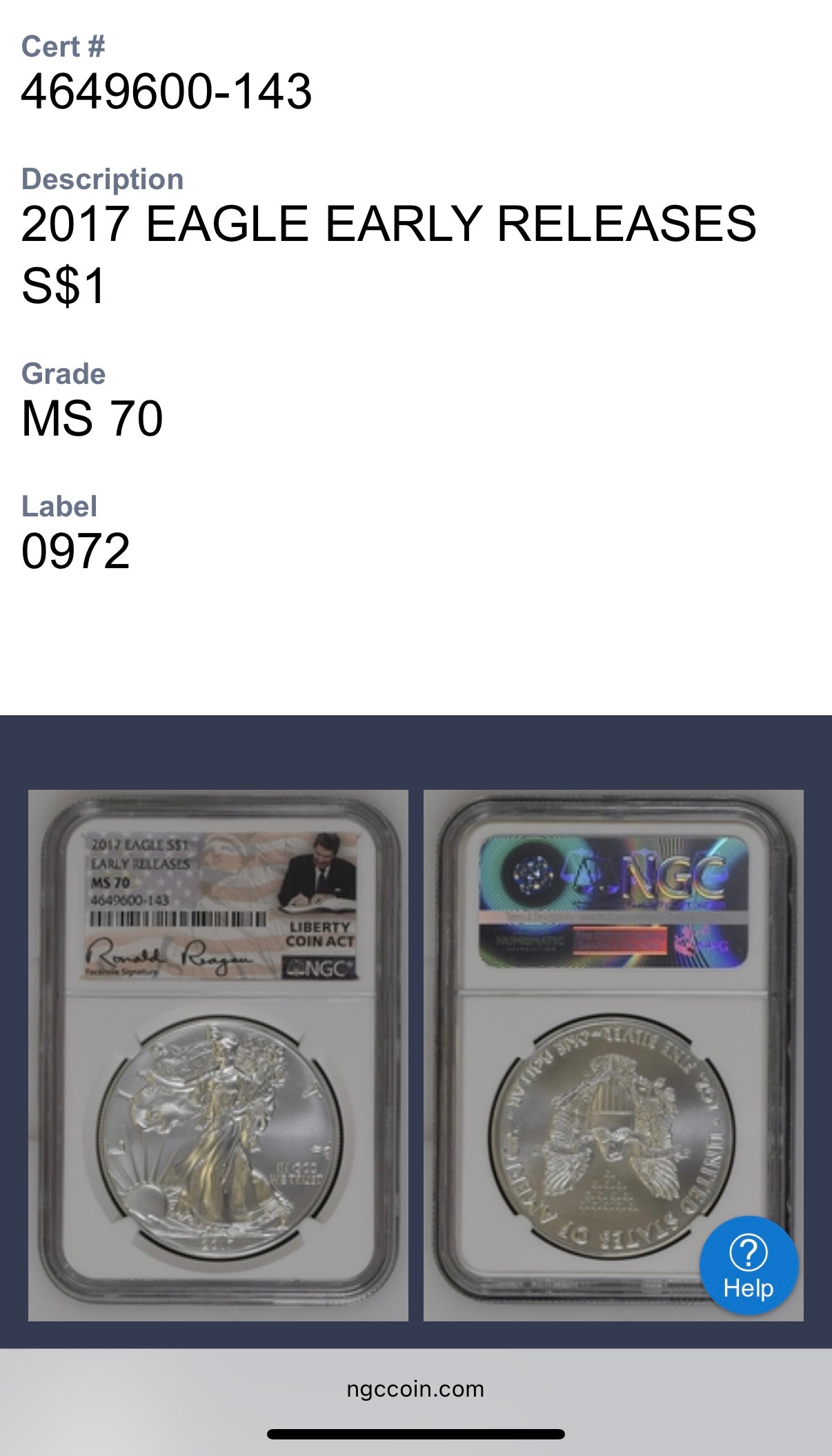 2017 $1 American Silver Eagle NGC MS70 Early Releases Liberty Coin Act Ronald Reagan Signature American Flag Mint Condition