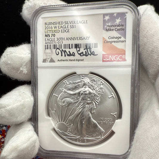 2016 Burnished Lettered Edge $1 American Silver Eagle NGC MS70 Mike Castle Signed Mint Condition Rare 1 of 209