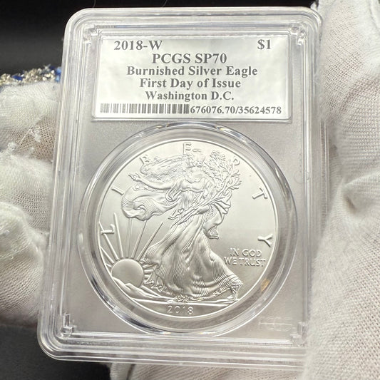 Burnished 2018 (W) $1 American Silver Eagle PCGS SP70 Washington D.C. First Day of Issue Silver Foil Label (1 of 237)