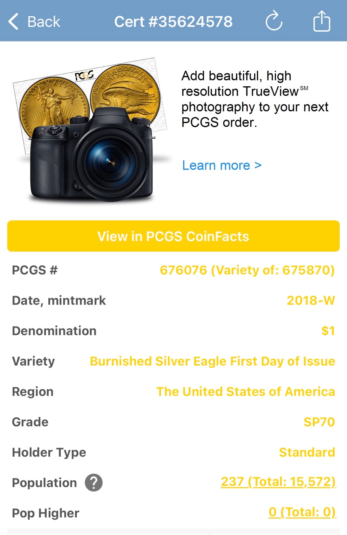 Burnished 2018 (W) $1 American Silver Eagle PCGS SP70 Washington D.C. First Day of Issue Silver Foil Label (1 of 237)