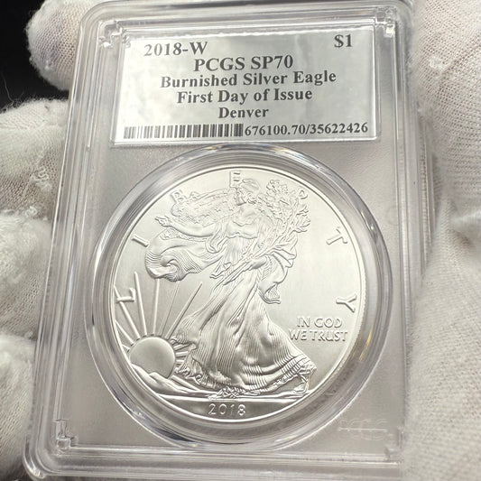 Burnished 2018 (W) $1 American Silver Eagle PCGS SP70 Denver First Day of Issue Silver Foil Label (1 of 236)