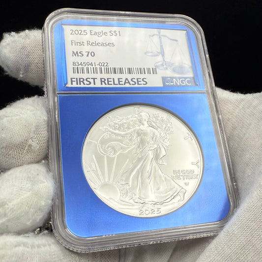 2025 $1 American Silver Eagle NGC MS70 First Releases Classic Blue Label in Blue Foil Holder Rare