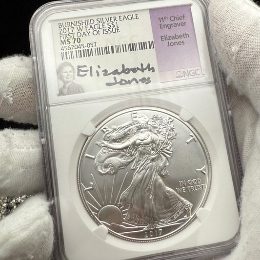 2017 Burnished $1 American Silver Eagle NGC MS70 FDOI Purple Label Signed by Elizabeth Jones (11th Chief Engraver) Authentic Hand Signed (Rare 1 of 1,324)