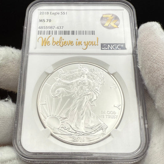 2018 $1 American Silver Eagle NGC MS70 We Believe In You (Rare Label)