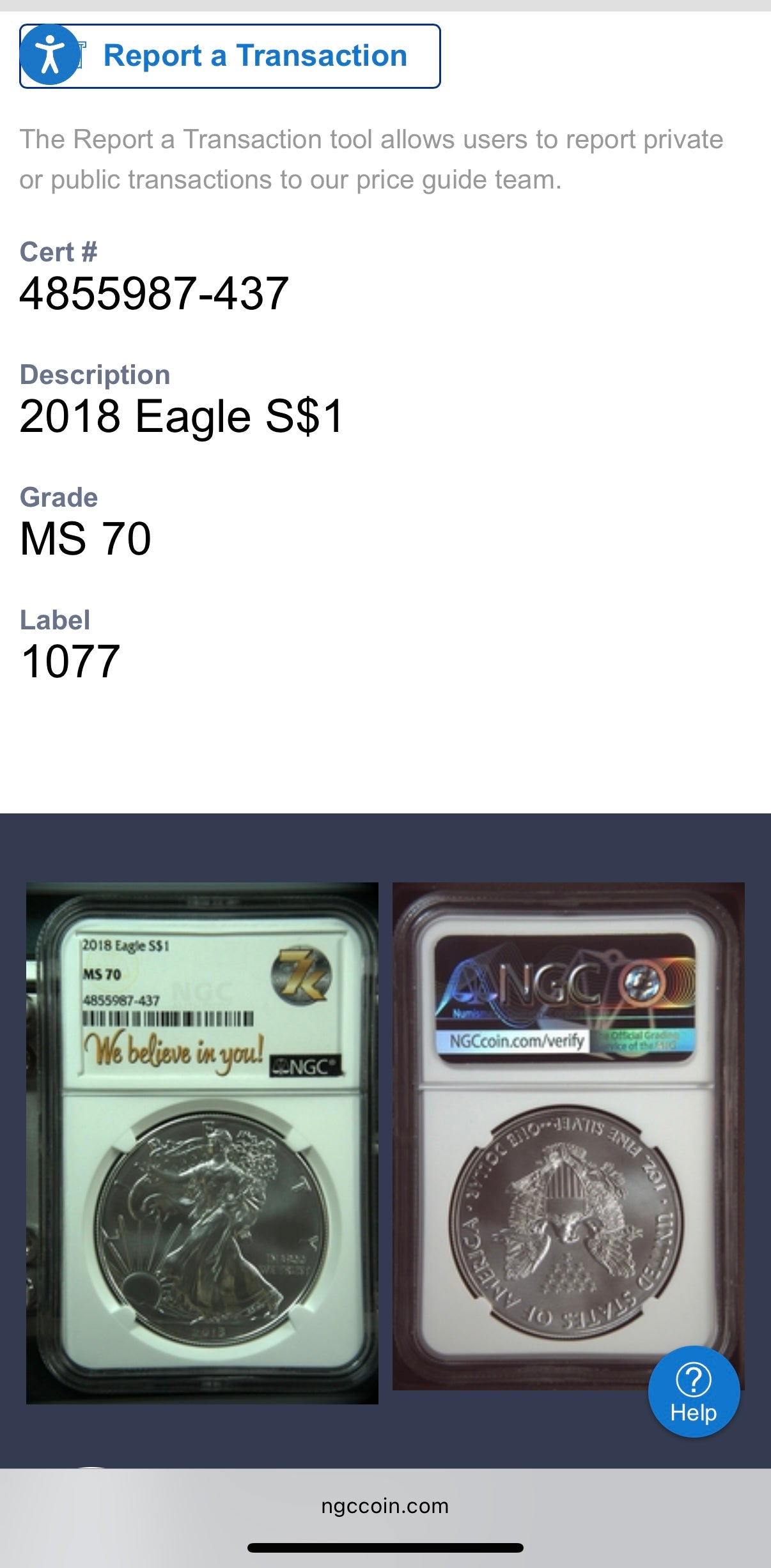 2018 $1 American Silver Eagle NGC MS70 We Believe In You (Rare Label)