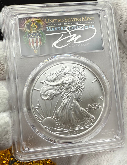 2021 $1 American Silver Eagle PCGS MS70 Type 1 FDOI Thomas Cleveland Signed Torch Label (1 of 550)