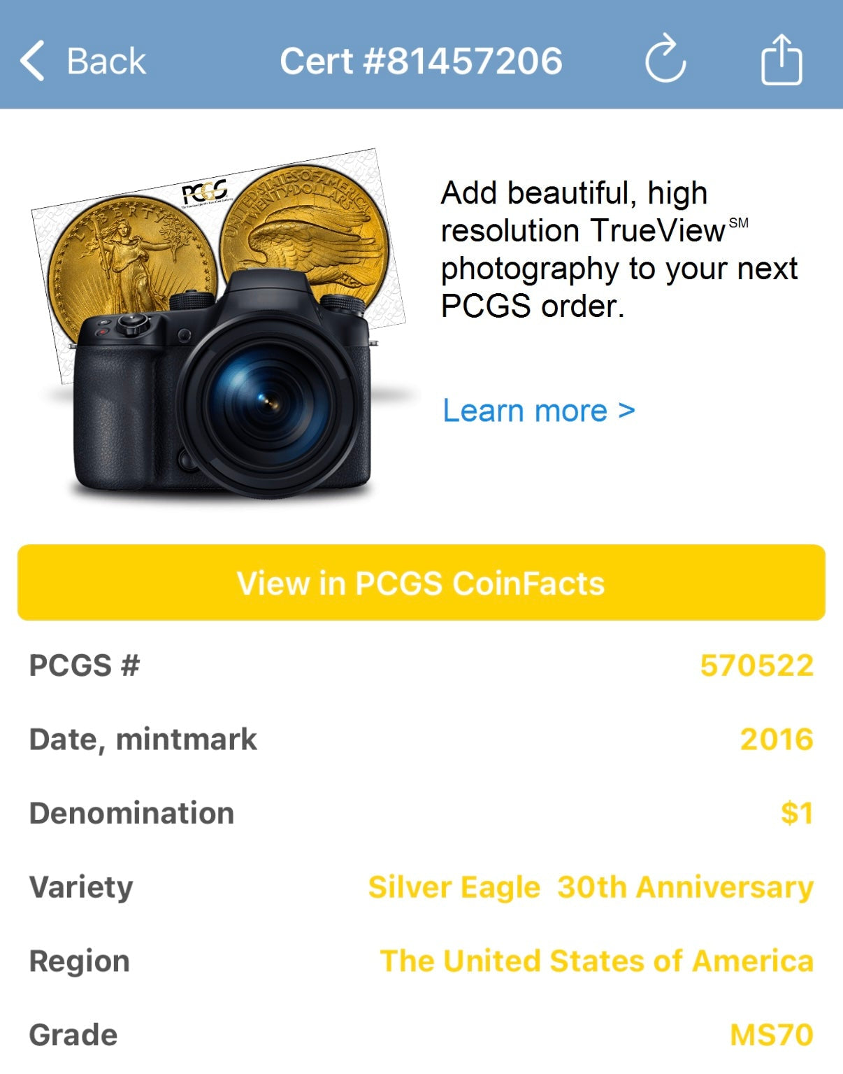 2016 $1 American Silver Eagle PCGS MS70 Business Strike American Flag Label Mint