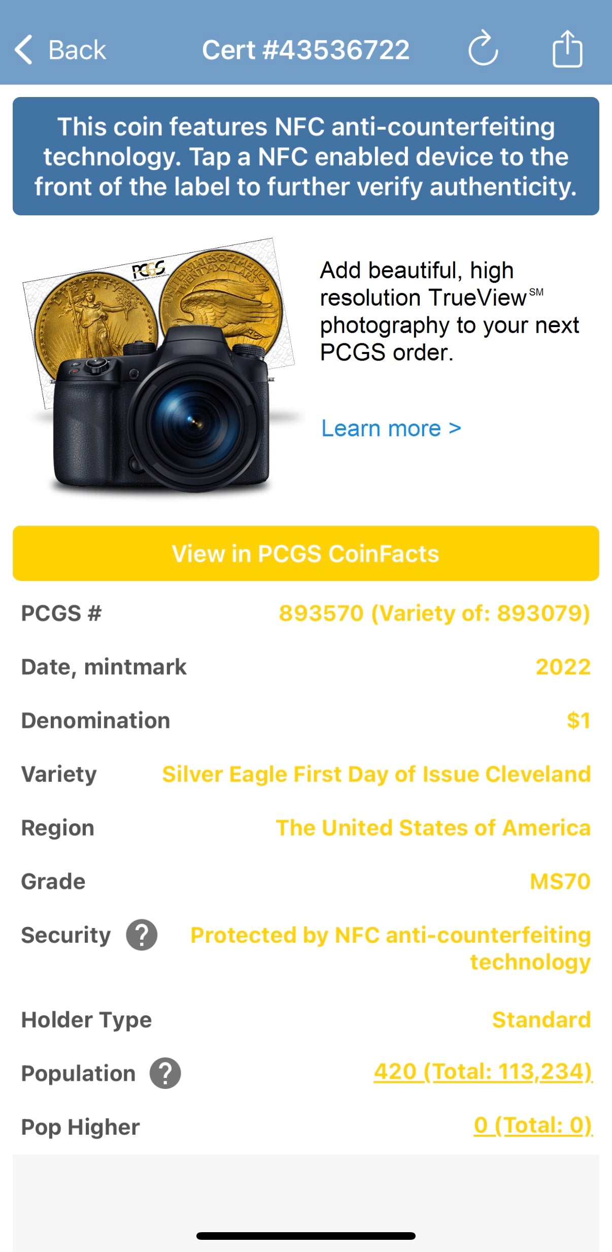 2022 $1 American Silver Eagle PCGS MS70 FDOI Thomas Cleveland Signed Blue Gasket and Blue Holder Mint (1 of 420)