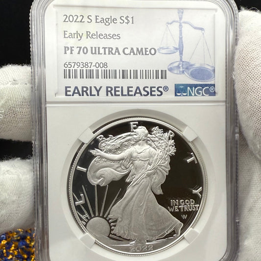 Proof 2022 (S) $1 American Silver Eagle NGC PF70UC Early Releases Modern Blue Label White Holder (1 of 1,869) Mint!
