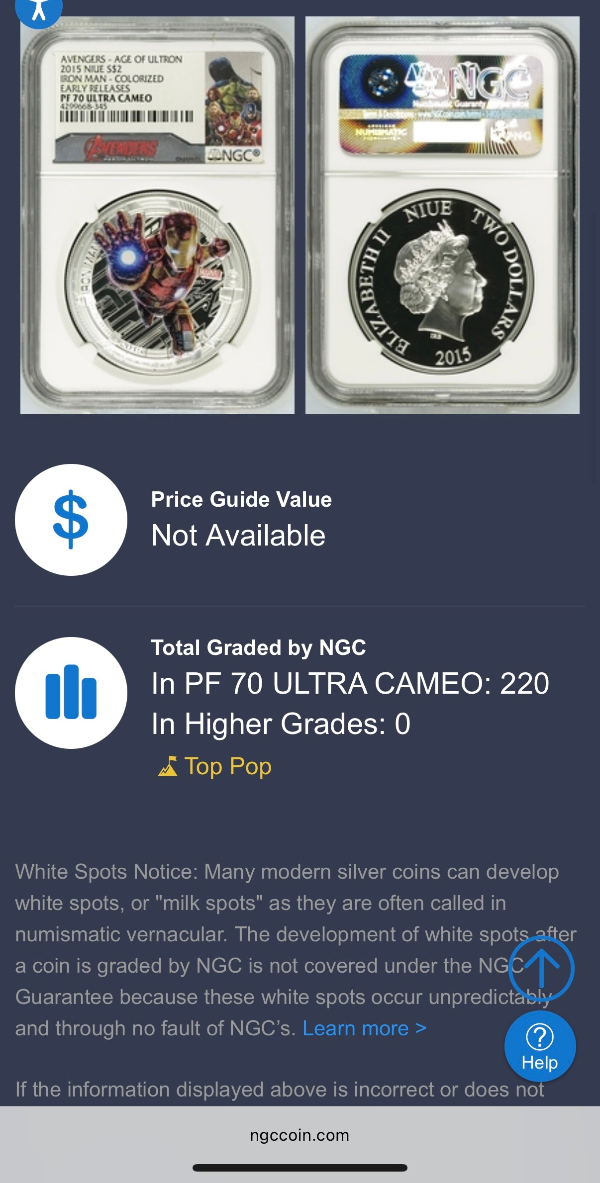 2015 Niue Silver Dollar $2 NGC Early Releases PF70UC Age of Ultron - Iron Man (1 of 220) Mint