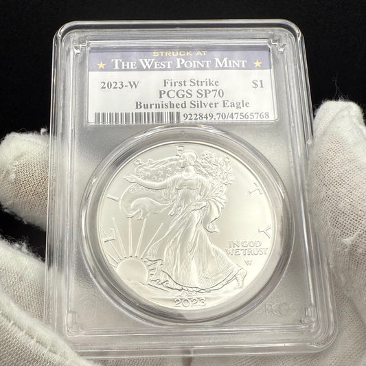 Burnished 2023 (W) $1 American Silver Eagle PCGS SP70 Blue West Point Label - 1 of 2224 Mint!