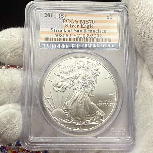2011 San Francisco $1 American Silver Eagle PCGS MS70 American Flag Label