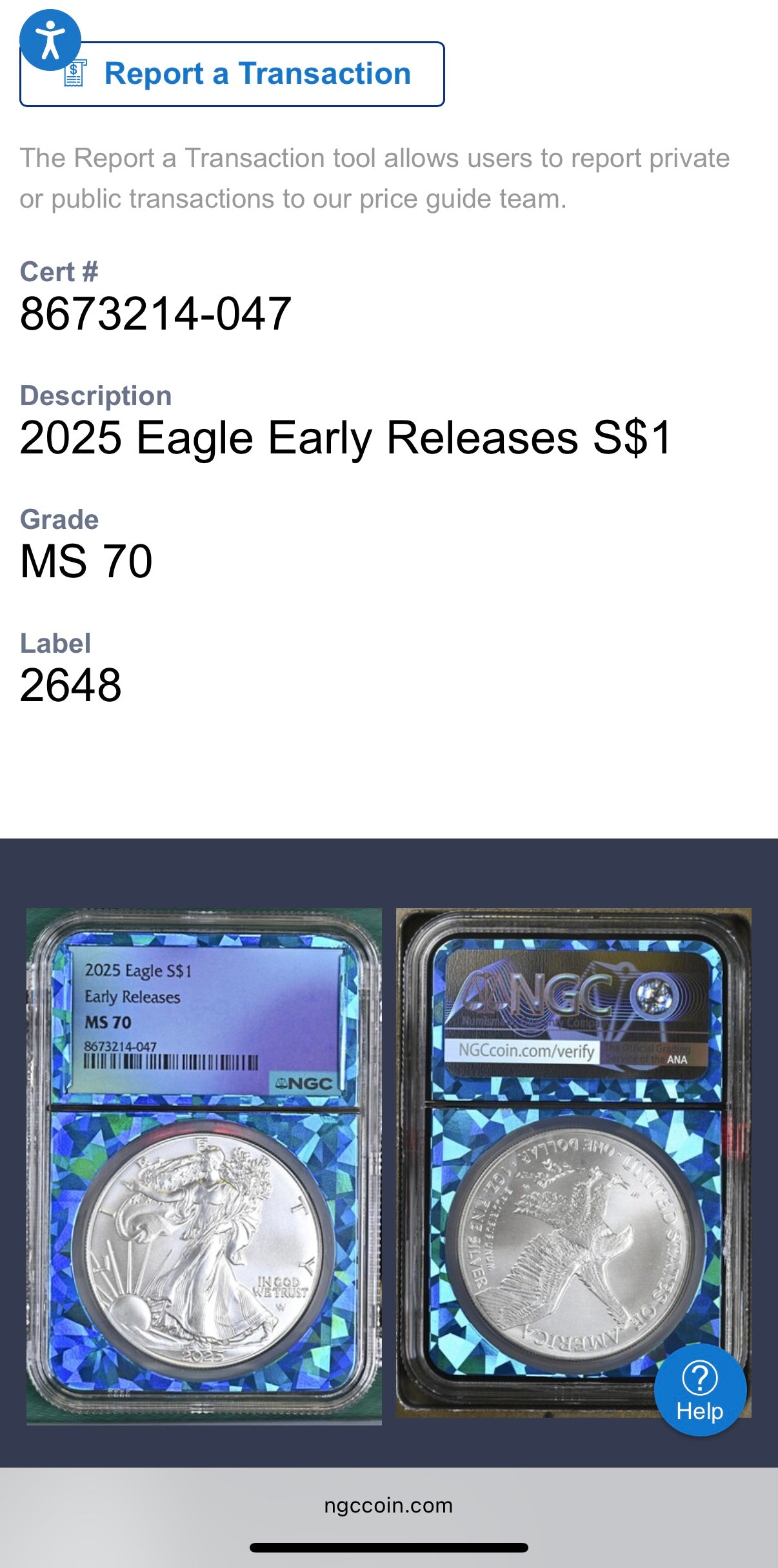 2025 $1 American Silver Eagle NGC MS70 Early Releases Blue Prism Holder Mint Condition