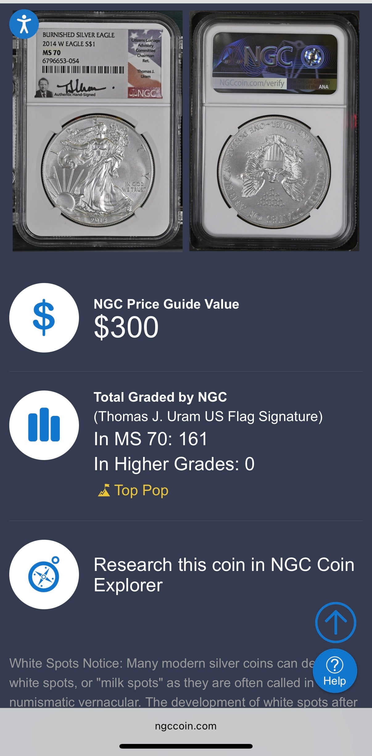 2008 Burnished $1 American Silver Eagle NGC MS70 Thomas Uram Signed Label 1 of 161 Mint