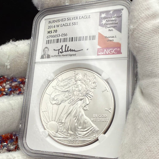 2008 Burnished $1 American Silver Eagle NGC MS70 Thomas Uram Signed Label 1 of 161 Mint