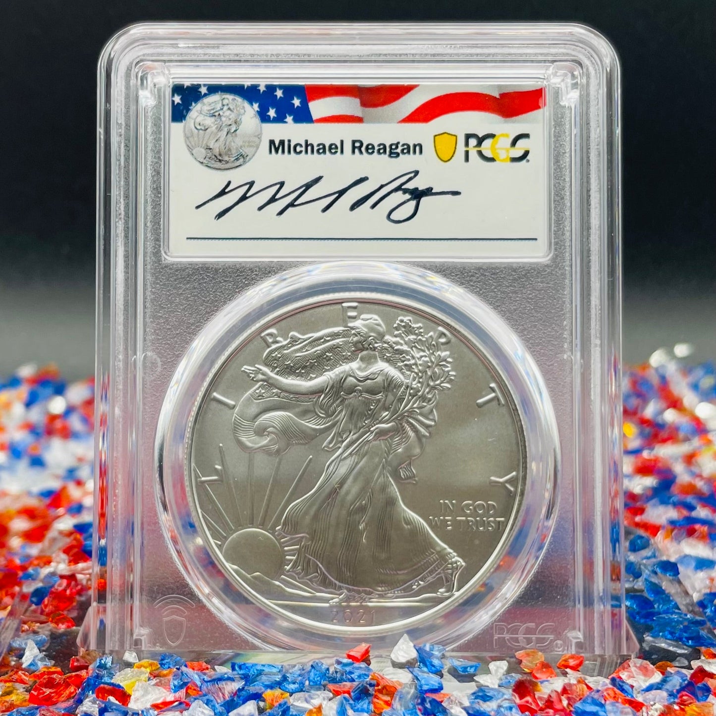 2021 (S) $1 American Silver Eagle PCGS MS70 FDOI Type 1 Reagan Legacy Series Signed Label (1 of 529)