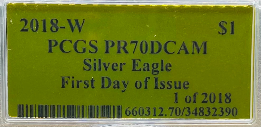 Proof 2018 (W) $1 American Silver Eagle PCGS PR70DCAM FDOI Gold Foil Label (1 of 2,018)