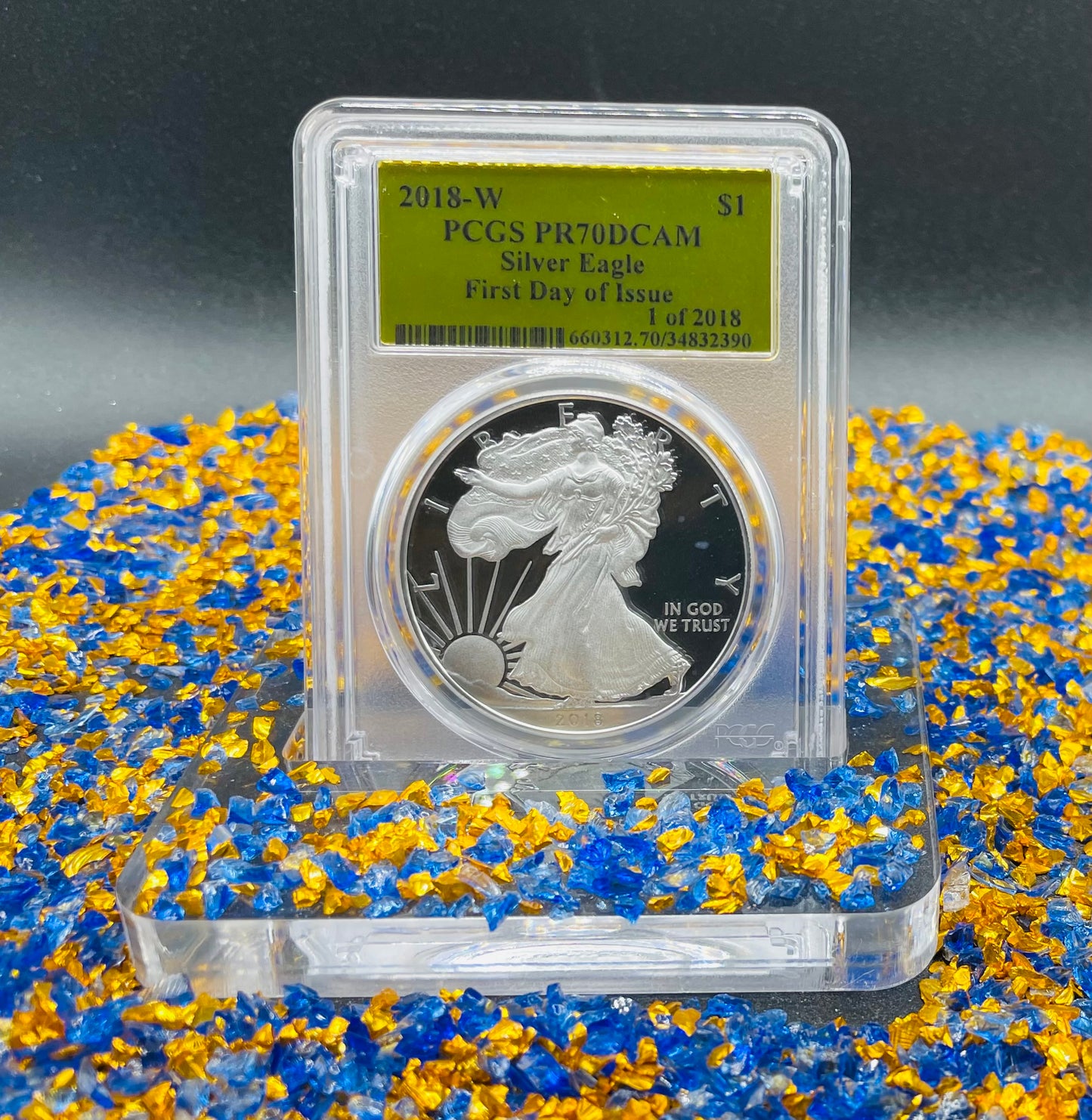 Proof 2018 (W) $1 American Silver Eagle PCGS PR70DCAM FDOI Gold Foil Label (1 of 2,018)