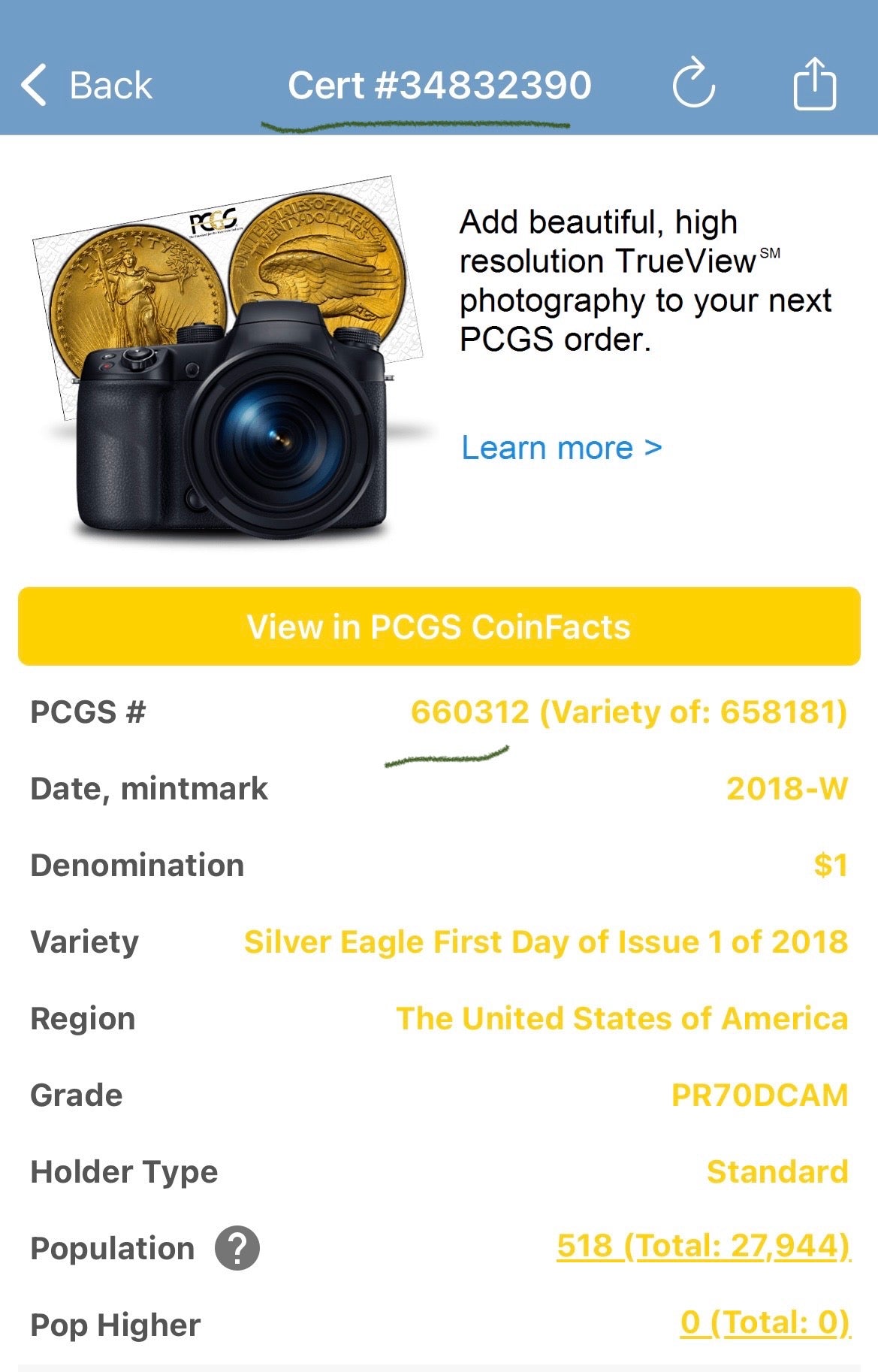 Proof 2018 (W) $1 American Silver Eagle PCGS PR70DCAM FDOI Gold Foil Label (1 of 2,018)