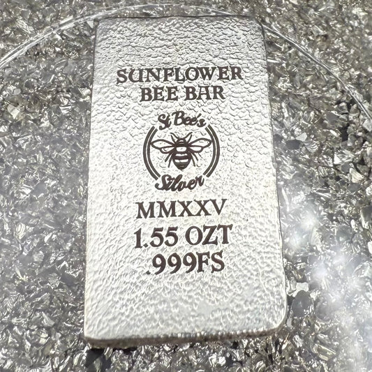 'Sunflower Bee Bar' 1.55 ozt .999 Fine Silver Bar, Hand Crafted by St Bee's in England, Satin Finish, Includes Wood Treasure Chest, COA, Mint Condition (Limited Edition)