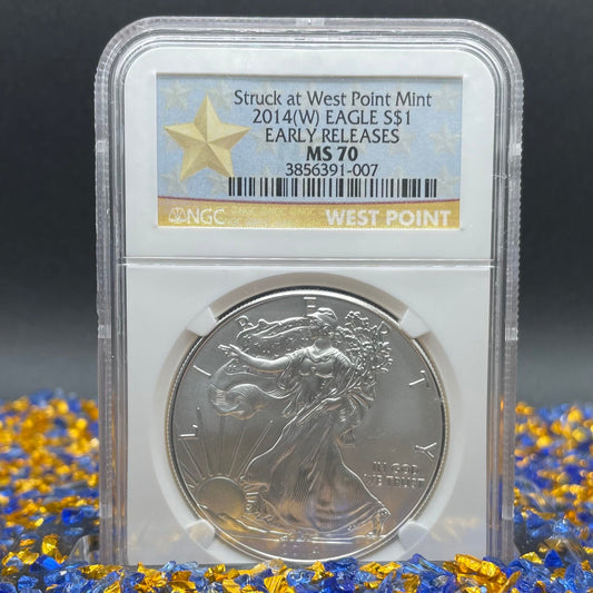 2014 (W) $1 American Silver Eagle NGC MS70 West Point Gold Star Label (Rare 1 of 18,292)