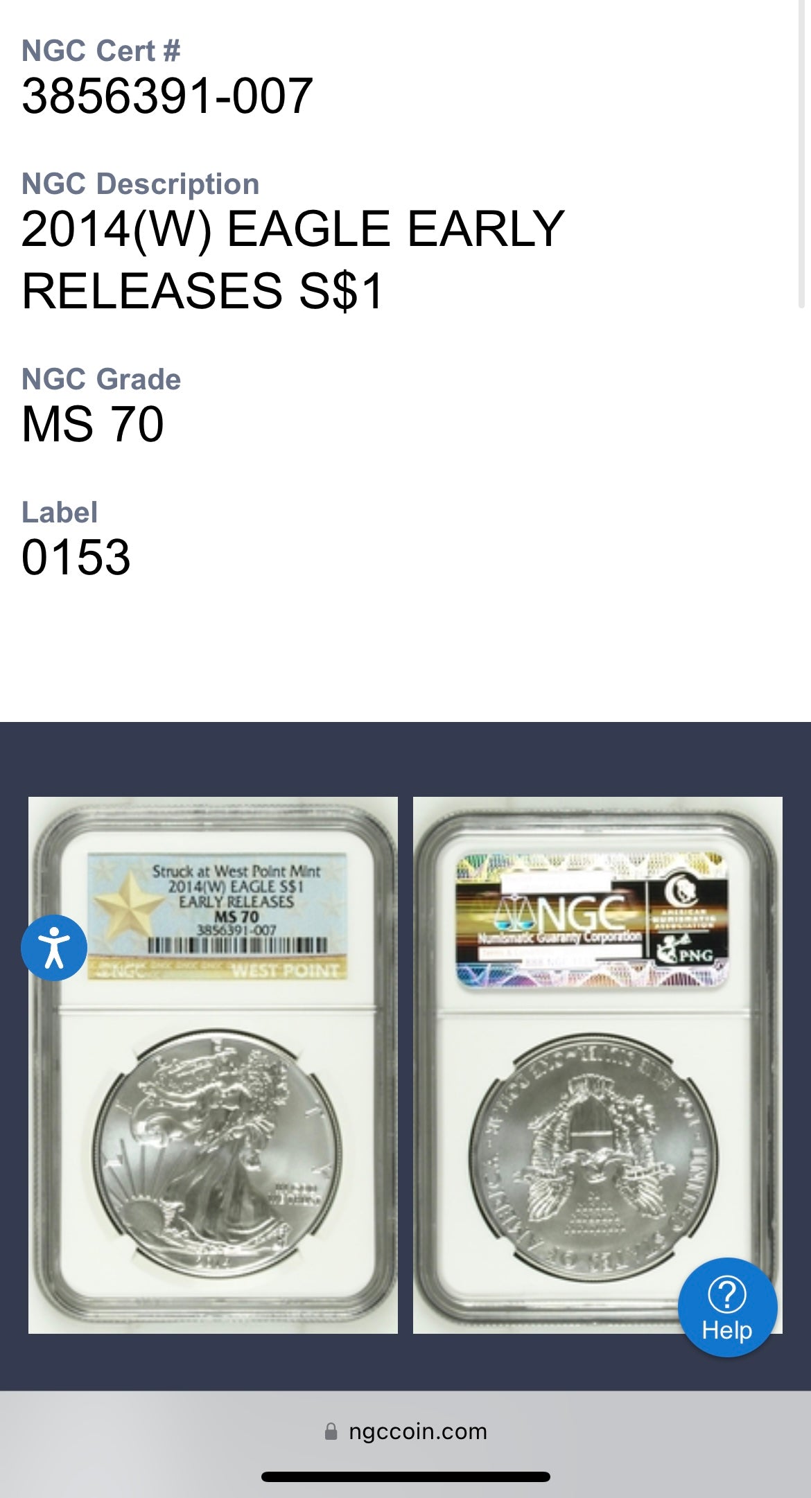 2014 (W) $1 American Silver Eagle NGC MS70 West Point Gold Star Label (Rare 1 of 18,292)