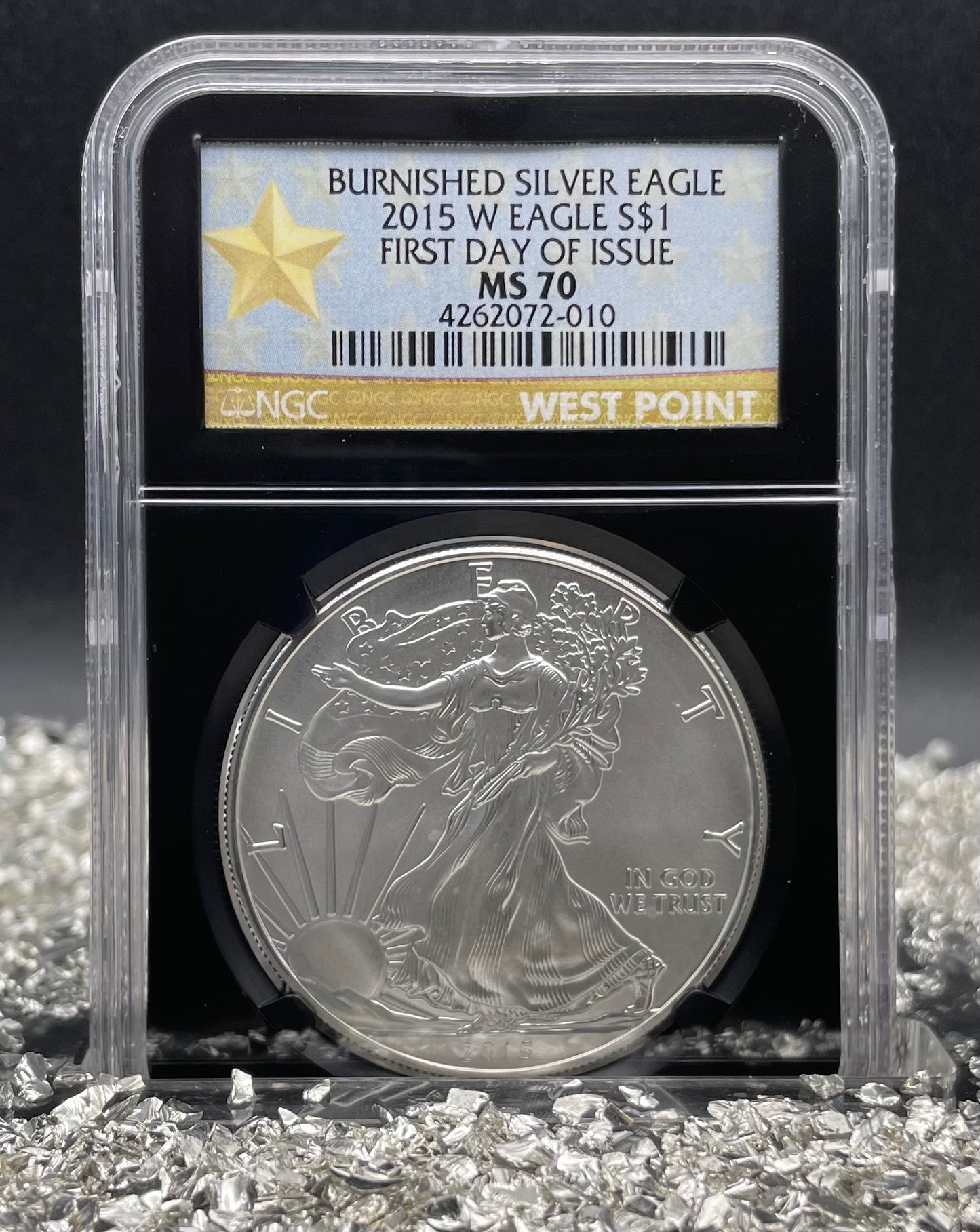 Burnished 2015 (W) $1 American Silver Eagle NGC MS70 First Day of Issue Black Core Gold Star Label Mint Condition (1 of 6,091)