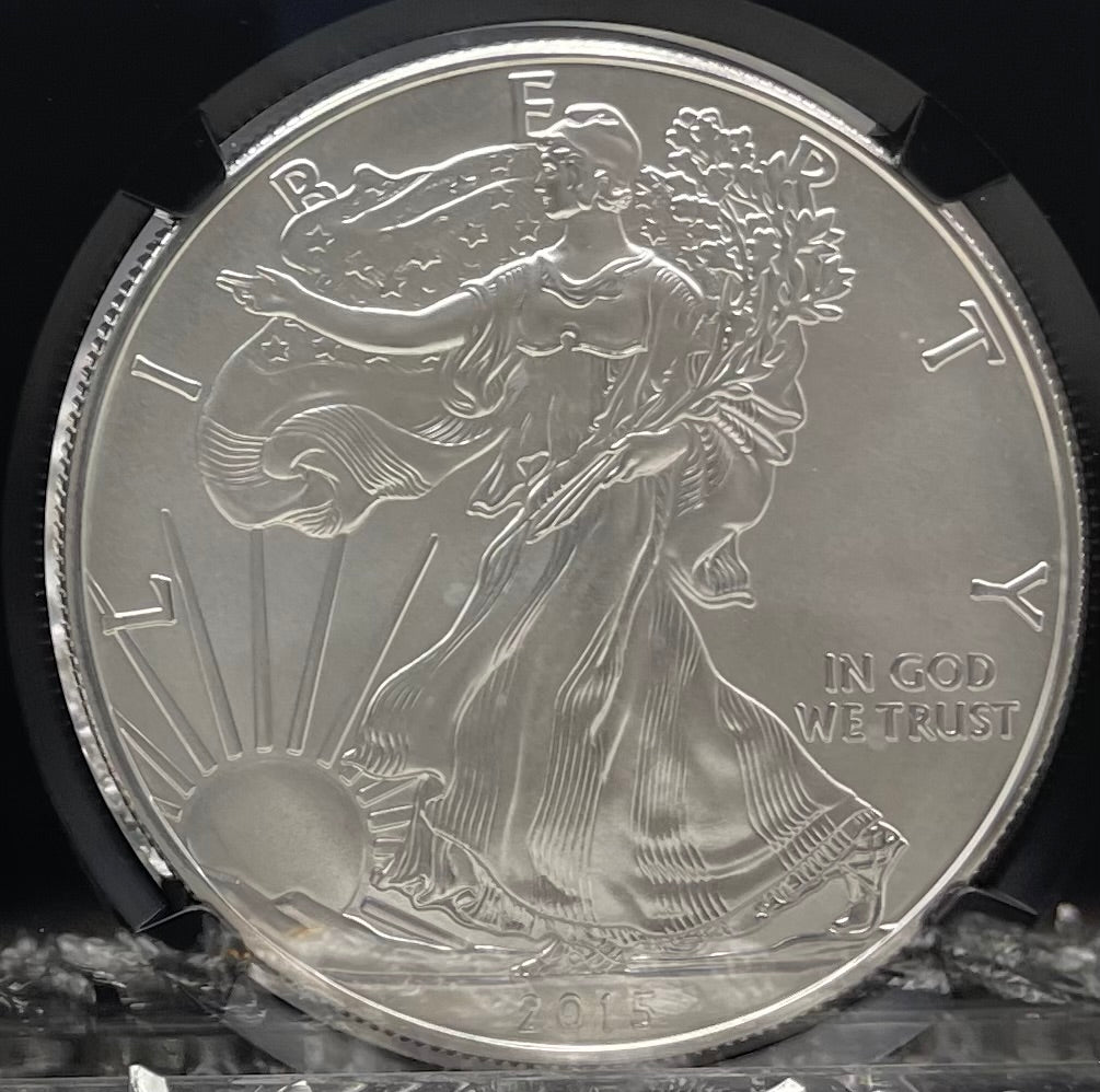 Burnished 2015 (W) $1 American Silver Eagle NGC MS70 First Day of Issue Black Core Gold Star Label Mint Condition (1 of 6,091)