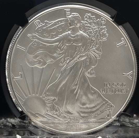 Burnished 2015 (W) $1 American Silver Eagle NGC MS70 First Day of Issue Black Core Gold Star Label Mint Condition (1 of 6,091)