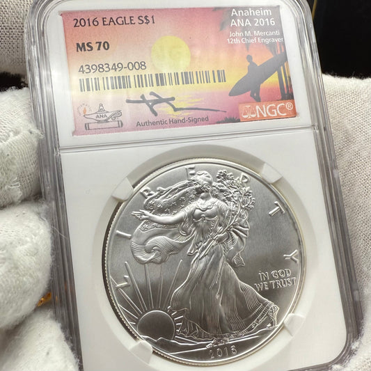 2016 W $1 American Silver Eagle NGC MS70 Mercanti Signed ANA Surfer Label