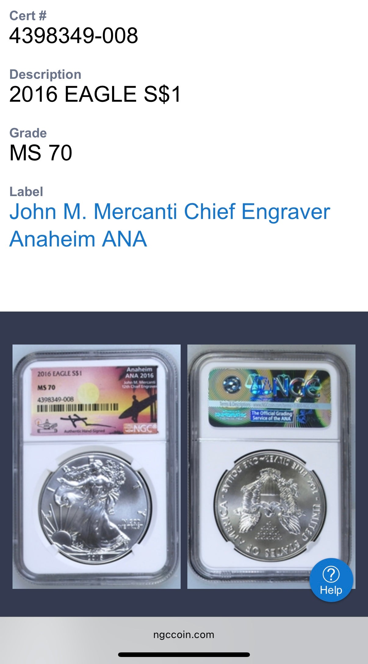 2016 W $1 American Silver Eagle NGC MS70 Mercanti Signed ANA Surfer Label