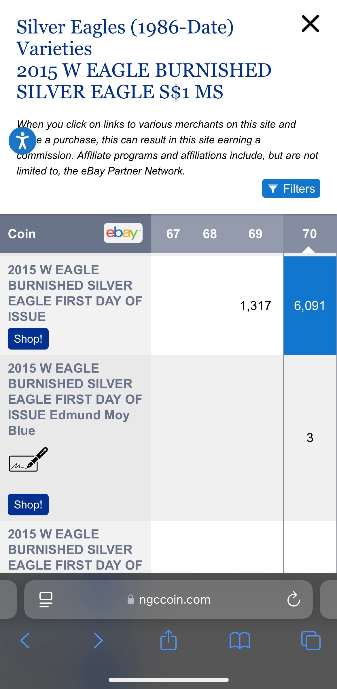 Burnished 2015 (W) $1 American Silver Eagle NGC MS70 First Day of Issue Black Core Gold Star Label Mint Condition (1 of 6,091)
