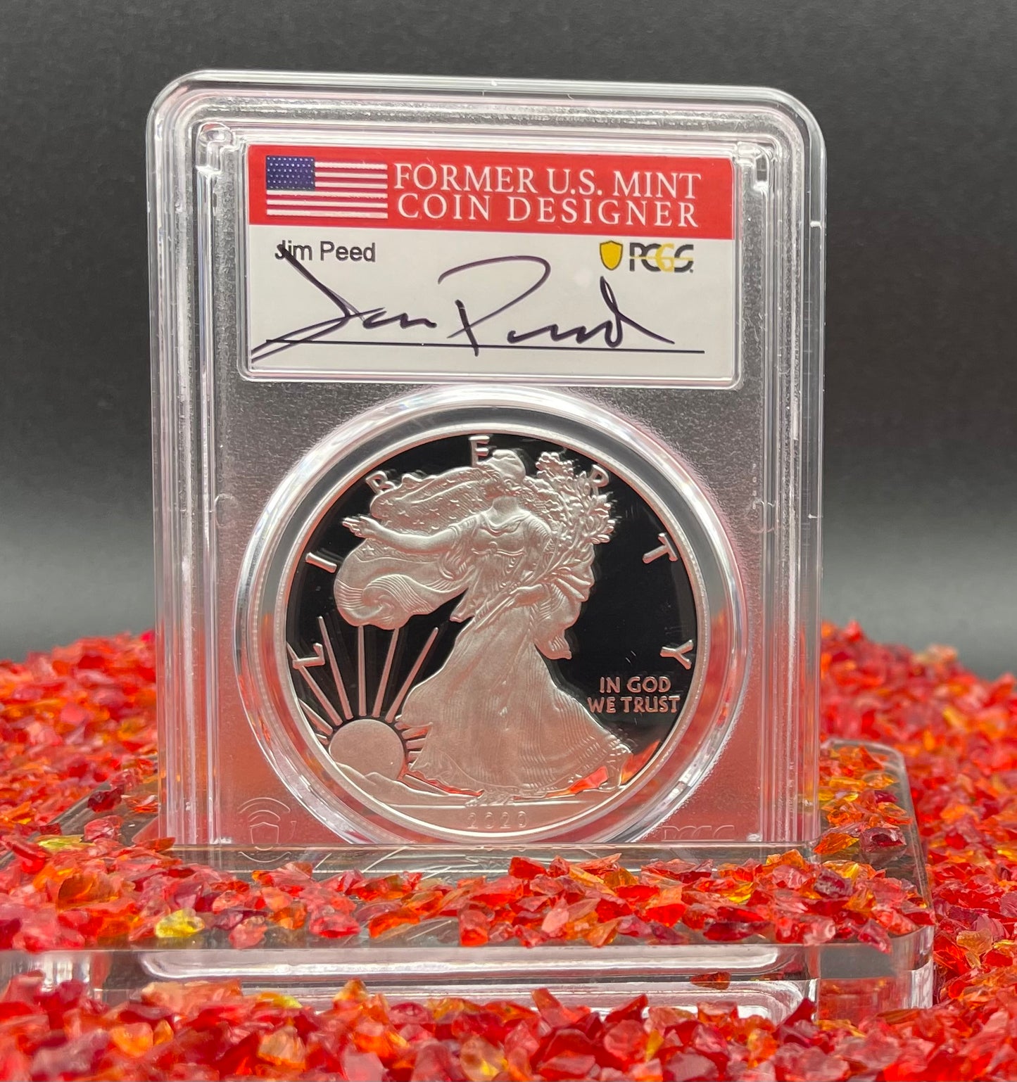 Proof 2020 (S) $1 American Silver Eagle PCGS PR70DCAM FDOI American Flag Label Jim Peed Signed Label Mint Condition (1 of 1,295)