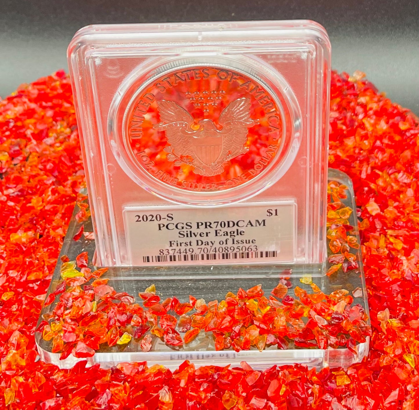 Proof 2020 (S) $1 American Silver Eagle PCGS PR70DCAM FDOI American Flag Label Jim Peed Signed Label Mint Condition (1 of 1,295)