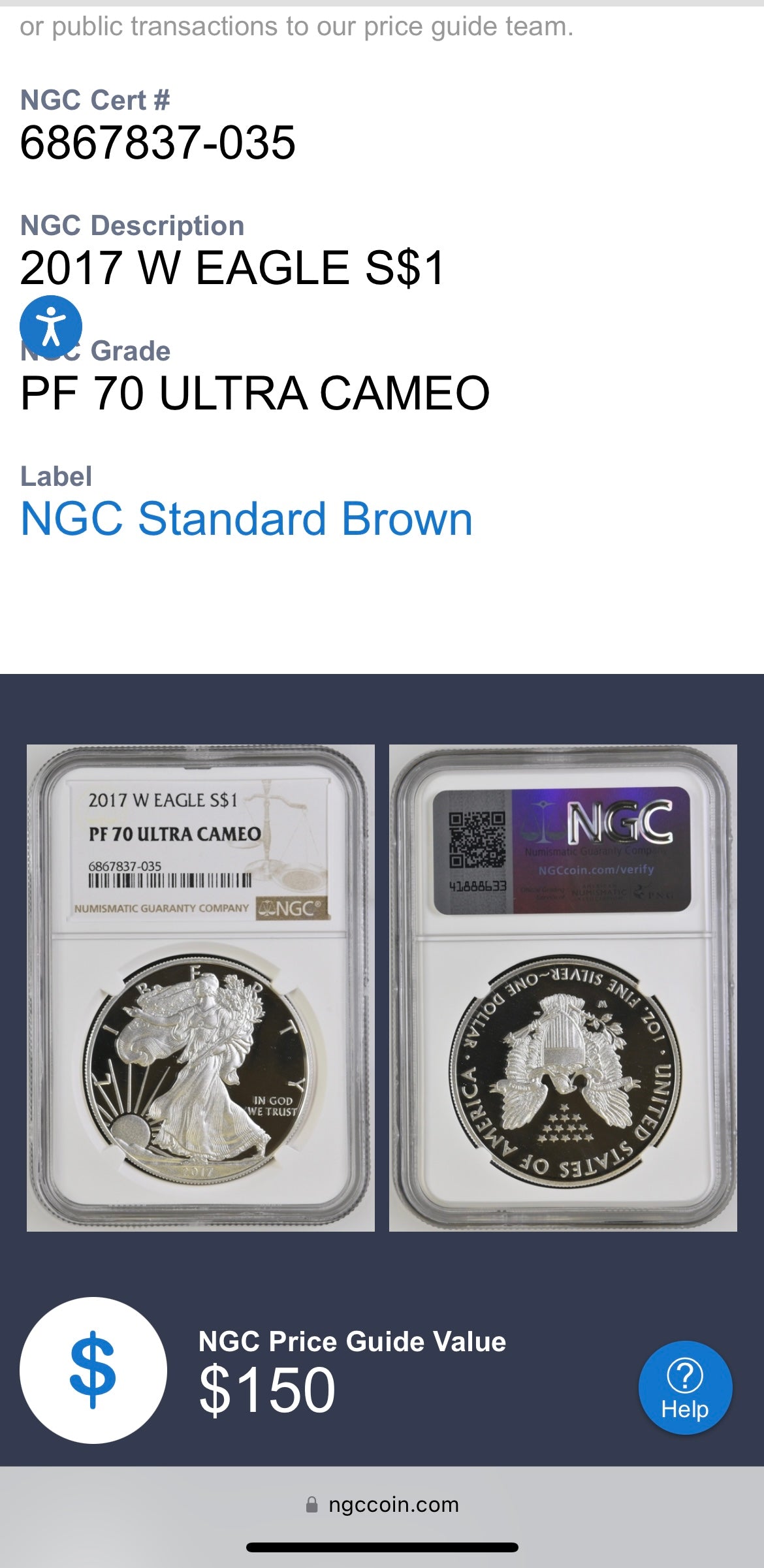 Proof 2017 (W) $1 American Silver Eagle NGC PF70 Modern Brown Label Mint Condition (1 of 4,190)